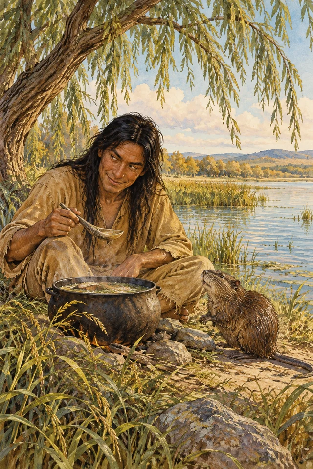 Iktomi sostiene una cuchara sobre su olla de pescado mientras una rata almizclera espera junto al lago.