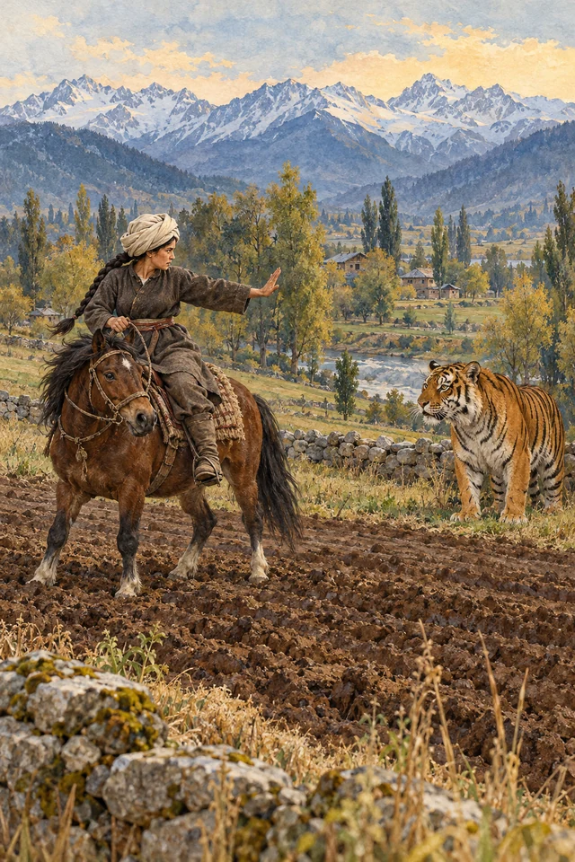 La esposa del campesino, con turbante y trenza, enfrenta a un tigre montada en un pony.