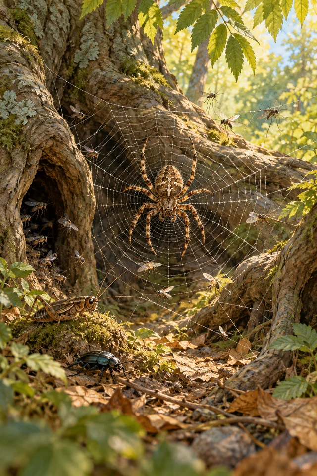 La araña Mizgir espera en su tela mientras las moscas abandonan el refugio de las raíces.