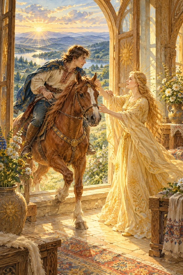 La hermana del Sol abre la ventana para que Iván entre a caballo y encuentre refugio.
