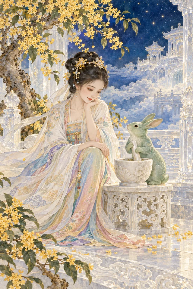 Chang’e observa a una liebre de jaspe que muele hierbas en un mortero junto al palacio lunar.