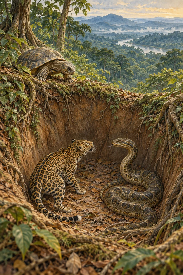Kudu mira desde el borde de la fosa a Leopardo y Mbâmâ, atrapados abajo.