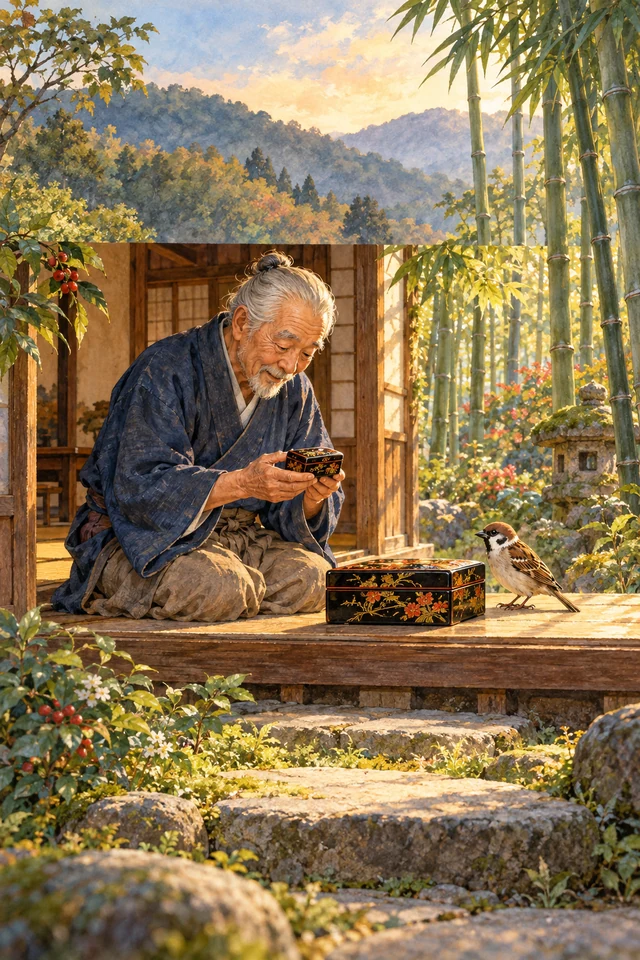Un anciano contempla las dos cajas que le ofrece una gorriona sana en su casa entre bambúes.