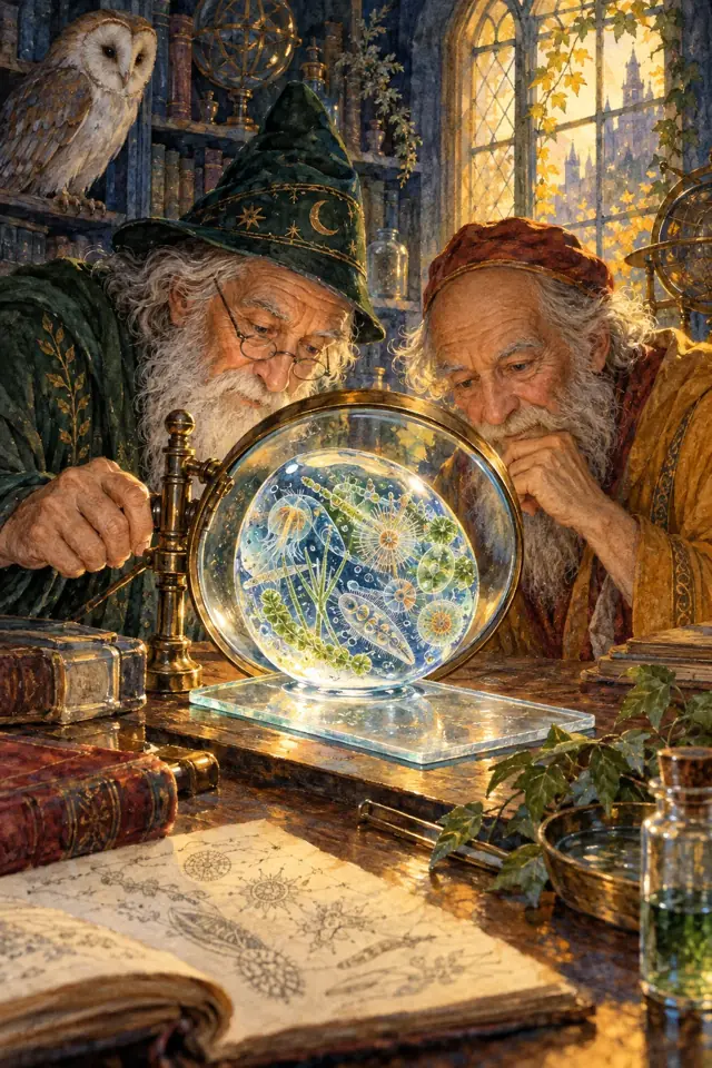 Dos magos examinan con una lente el mundo diminuto de una gota de agua.