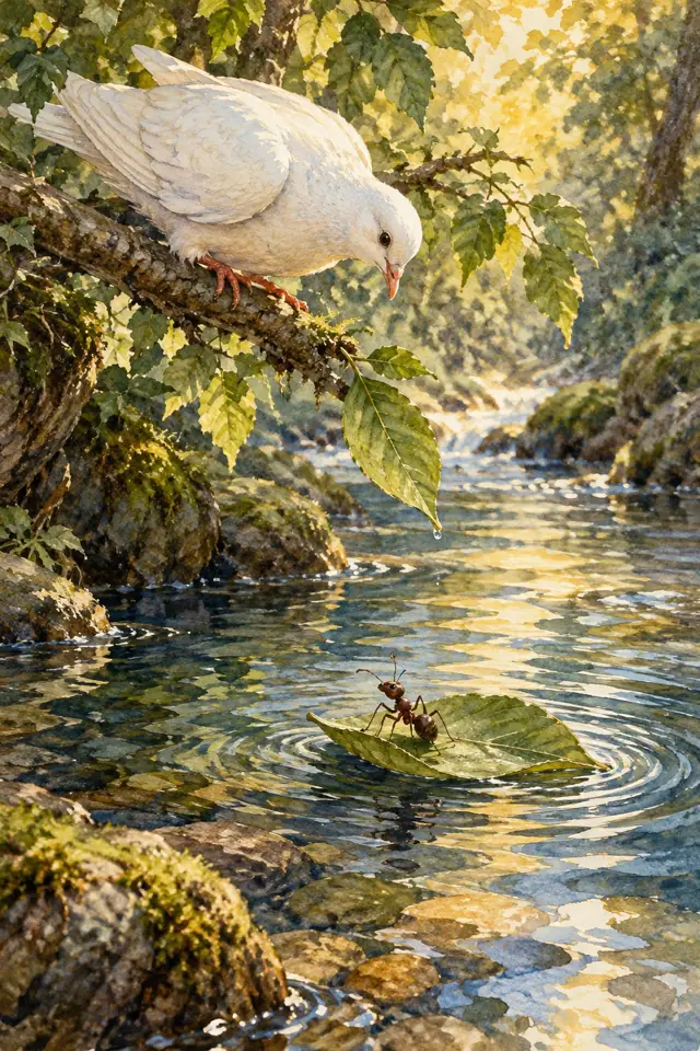 Una paloma ayuda a una hormiga que flota sobre una hoja en el arroyo.