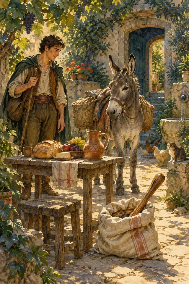 Una mesa servida, un burro y un garrote en un saco esperan en un patio.