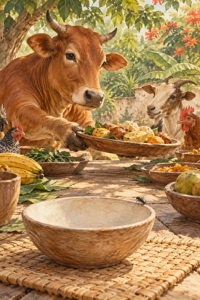 Una mosca espera en el borde de un cuenco vacío mientras la vaca pasa una fuente de comida a otros animales.