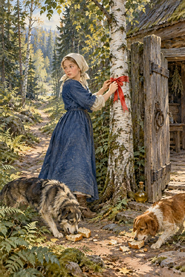 La niña ata una cinta al abedul y pasa junto a los perros que recibieron su pan.