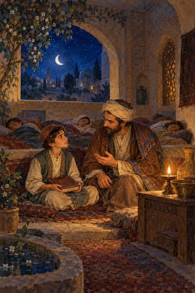 El joven Saadi escucha a su padre mientras otros duermen cerca de ellos.