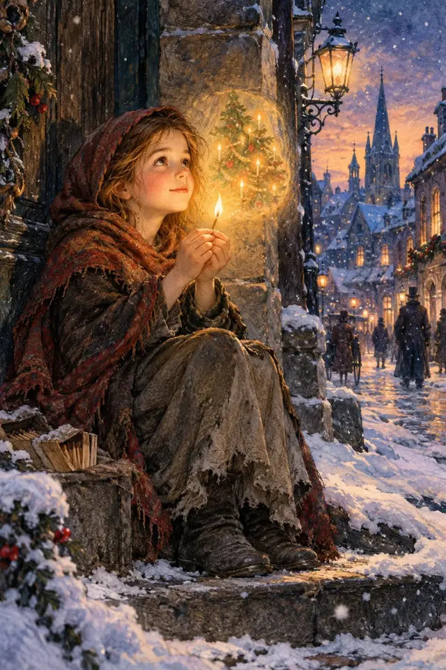 Una joven vendedora contempla la luz de un fósforo en una calle nevada.