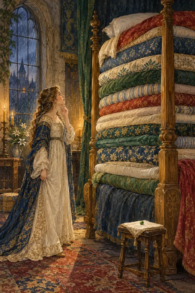 Una princesa contempla una pila altísima de colchones y una pequeña arveja.