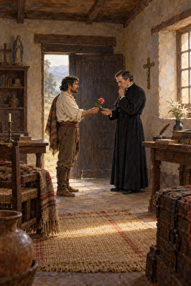Un hombre le presenta una rosa fresca a un sacerdote que la observa pensativo.