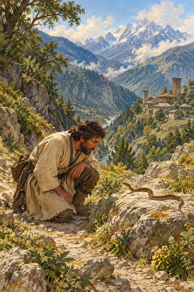 El campesino escucha a la serpiente en el sendero que conduce al palacio.