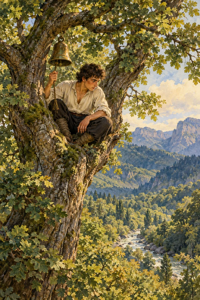 El hermano hace sonar una pequeña campana colgada del árbol.