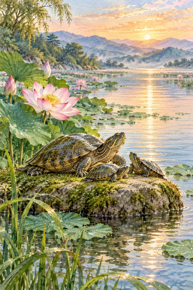 Tres tortugas descansan junto a las hojas de loto en el lago al que los hombres finalmente no fueron.