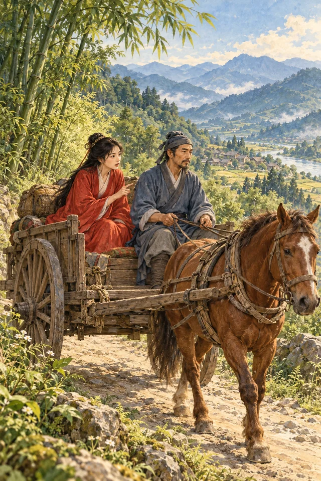 Una viajera vestida de rojo habla con el conductor de un carro por un camino de Sichuan.