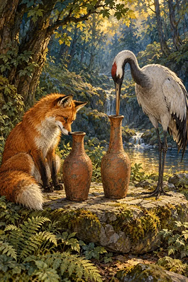 Una zorra y una grulla comparten una comida servida en vasijas altas.