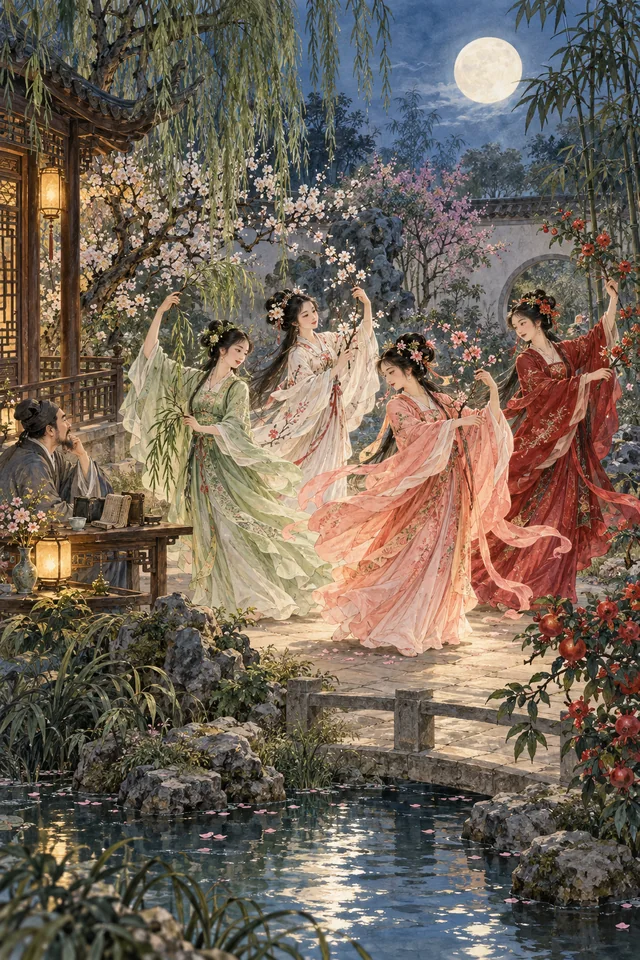 Cuatro espíritus de las flores bailan en un jardín iluminado por la luna ante un estudioso.