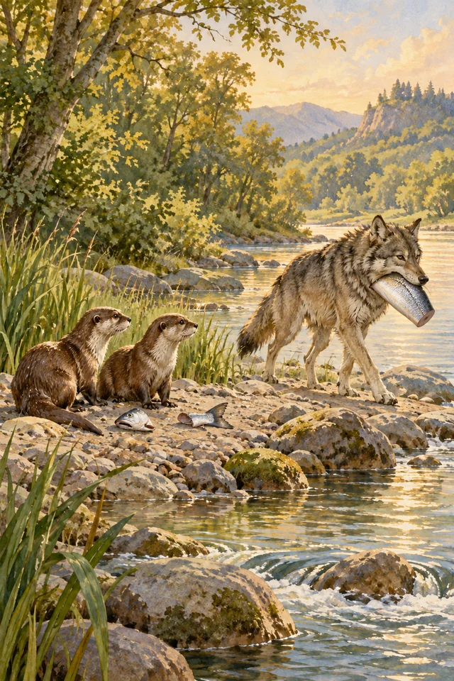 Un lobo se lleva la parte central de un pescado mientras dos nutrias quedan con la cabeza y la cola.