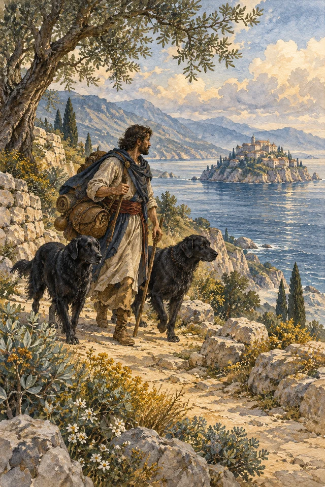 Un comerciante camina con dos perros negros junto al mar.
