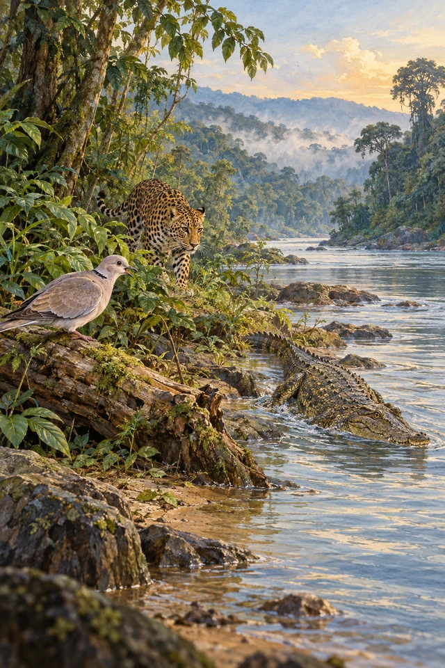 Ibembe avisa a Ngando mientras el cocodrilo vuelve al agua y Leopardo se acerca.