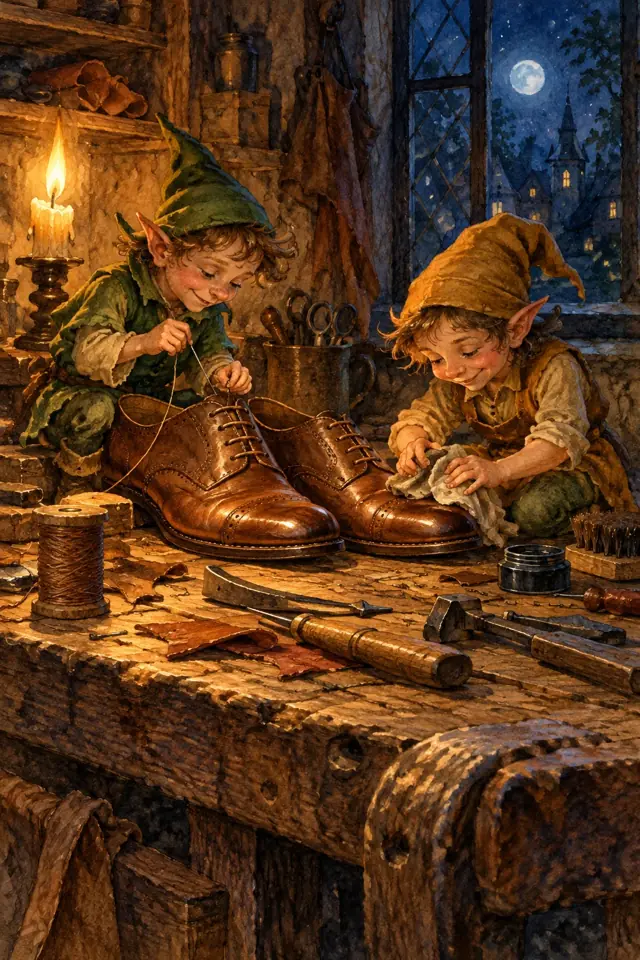 Dos pequeños duendes cosen y lustran zapatos en un taller a la luz de una vela.