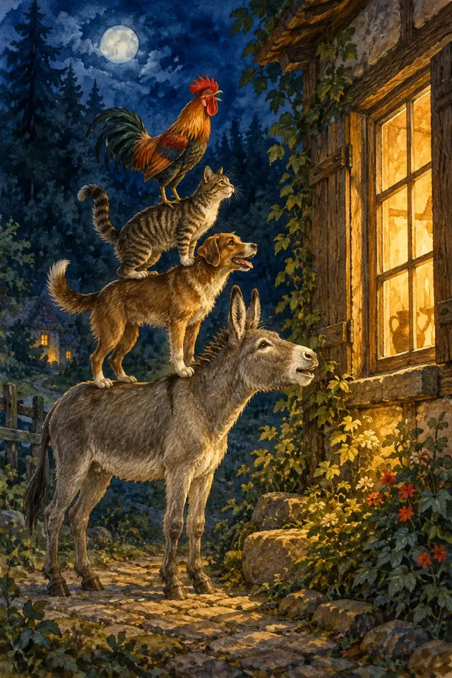 Un burro, un perro, un gato y un gallo forman una torre junto a una ventana iluminada.