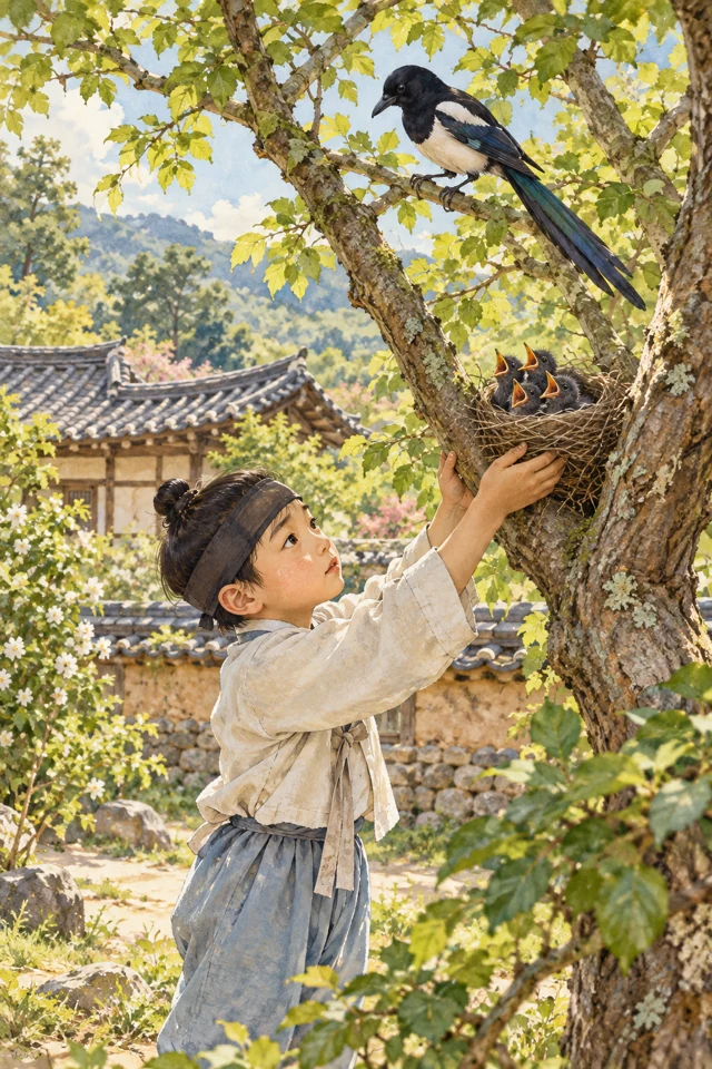 Un niño vuelve a colocar un nido con pichones en la horqueta de un árbol, mientras una urraca observa.