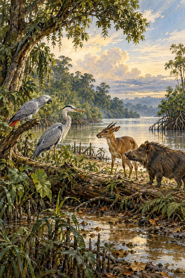 Un loro y una garza discuten con un antílope y un cerdo junto al río por la herencia de Ngando.