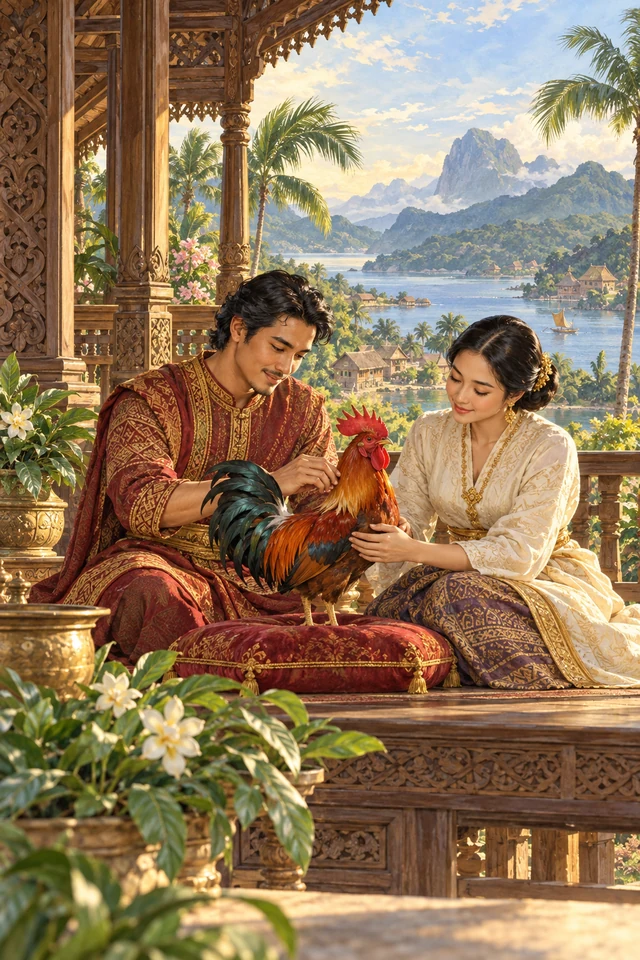 El rey y la reina cuidan al primero de sus hijos gallos en el jardín del palacio.