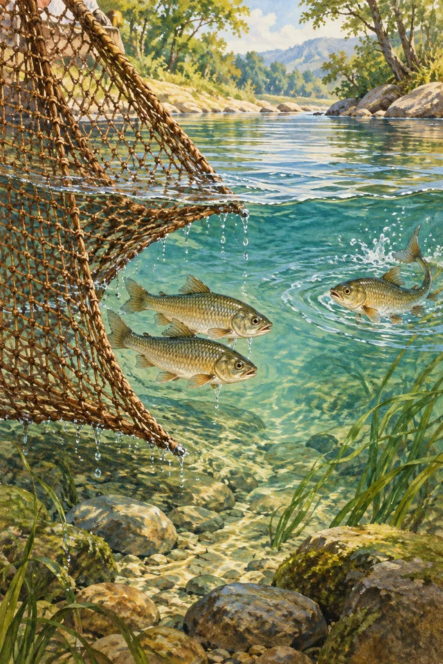 Tres peces se reúnen junto a la esquina levantada de una red en un río transparente.