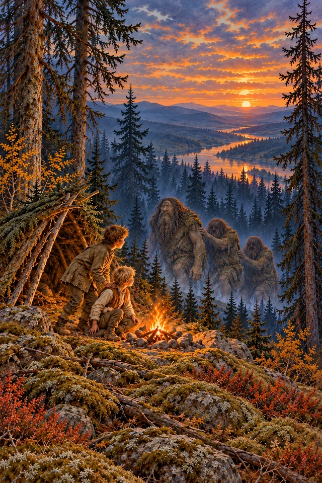 Dos hermanos junto al fuego ven acercarse a tres trolls entre los abetos de Hedale.
