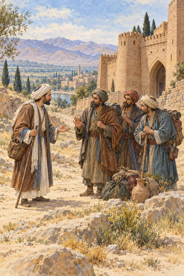 Saadi conversa con unos viajeros junto a los muros de una fortaleza.