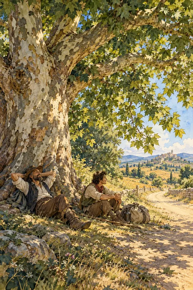 Dos viajeros descansan a la sombra de un gran plátano.