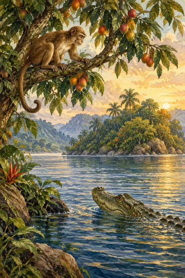 Un mono mira desde una rama a un cocodrilo en un río tropical.
