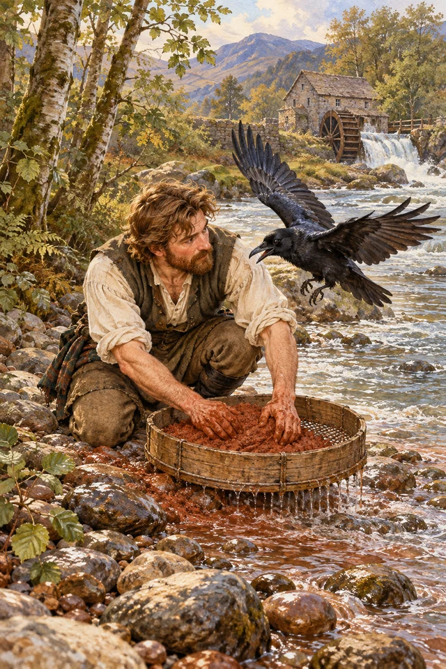 Munachar sella un tamiz con arcilla roja mientras un cuervo vuela sobre el río.