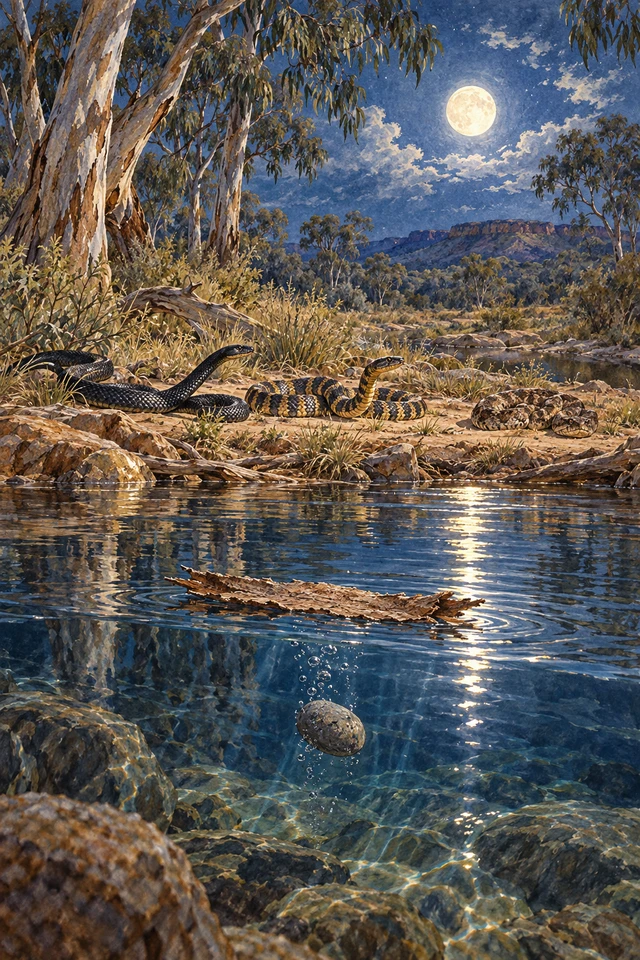 La corteza flota y una piedra se hunde en el arroyo de Bahloo; tres serpientes esperan bajo la luz lunar.