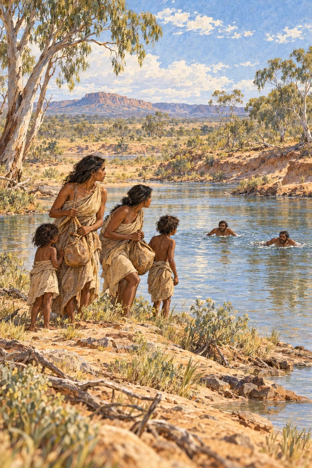 Beeargah y Ouyan llegan al río con los niños y sus bolsas de agua mientras dos hombres nadan hacia ellas.