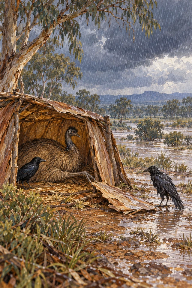 Una Wahn observa cómo Dinewan derriba la corteza del refugio mientras la otra permanece bajo la lluvia.