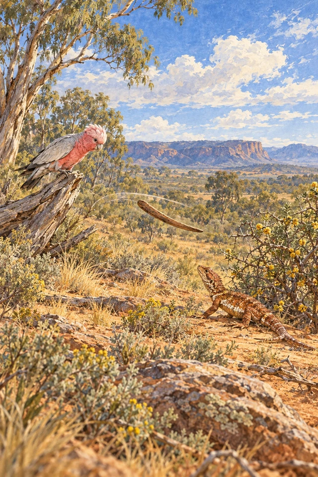 Galah observa a Oolah junto a un arbusto espinoso, con el bubberah curvo en el aire antes del accidente.