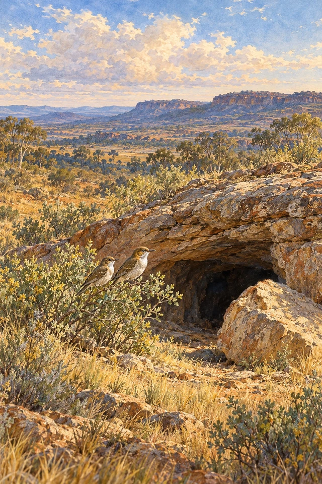Dos aves de garganta blanca se posan junto a la cueva vacía y la piedra apartada de los hermanos Weeoombeen.