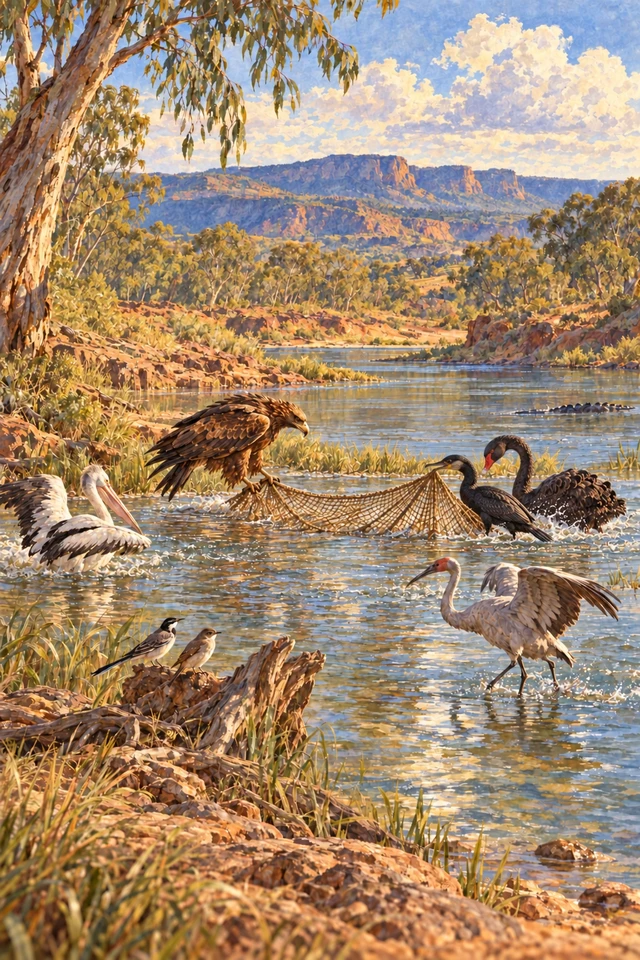 Las aves empujan peces hacia una red mientras dos observadoras descubren el lomo de un gran reptil acuático.