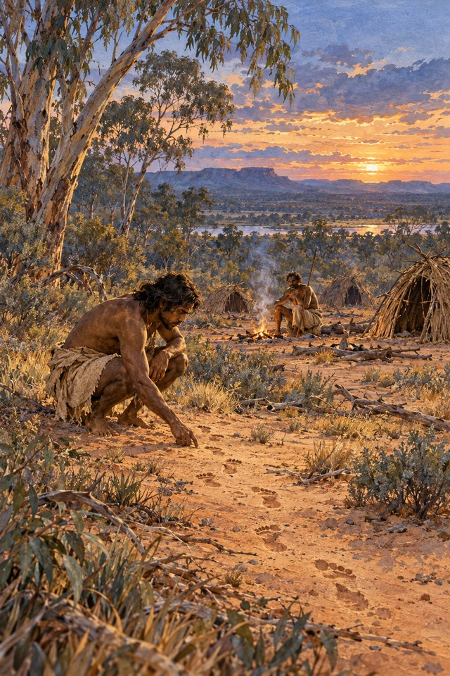 Mullyan examina las huellas que entran al campamento de Weedah entre refugios de pasto y fuegos sin habitantes.
