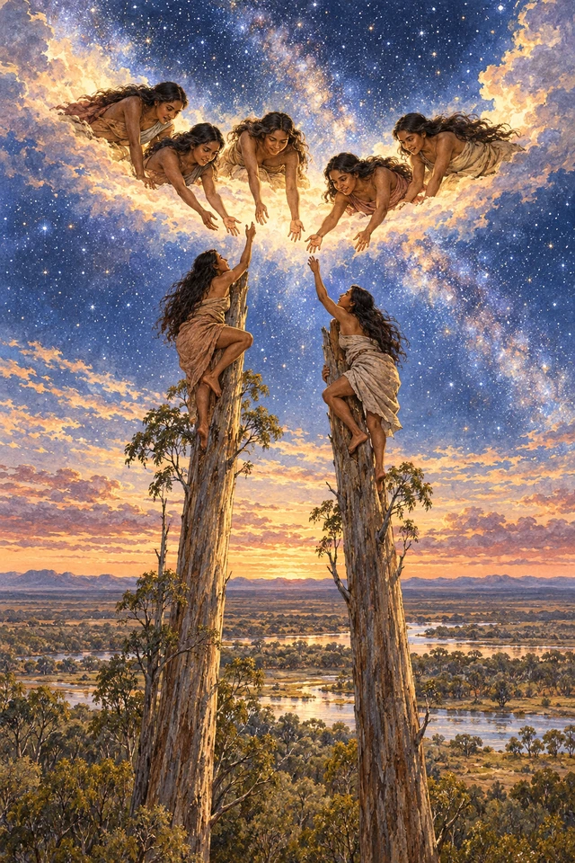 Cinco hermanas Meamei tienden las manos desde el cielo a las dos que ascienden por los pinos.