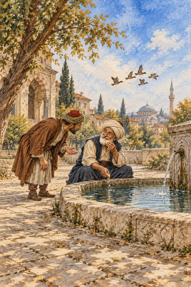 Nasrudín come pan mojado al borde de la fuente mientras los patos se alejan.