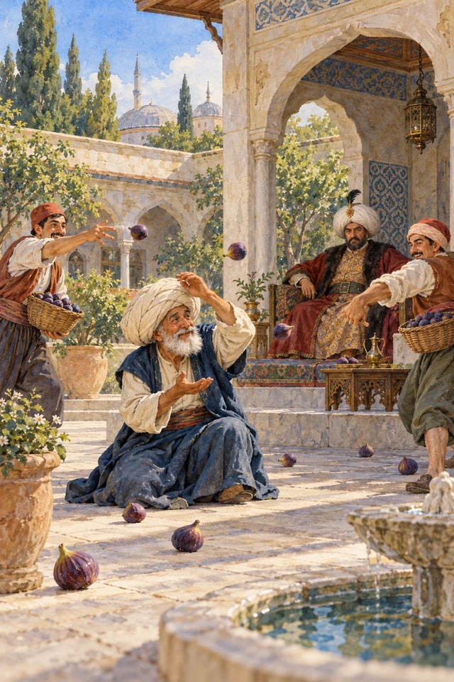 Nasrudín se protege de los higos que le arrojan los servidores del bey.