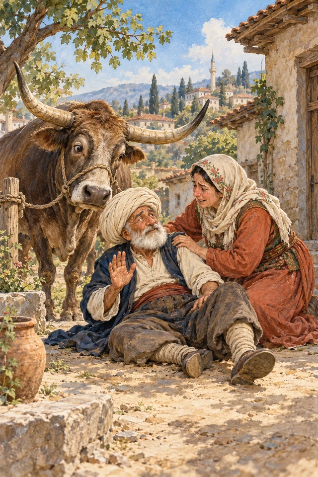 Nasrudín se recupera en el suelo junto a su esposa y el buey de grandes cuernos.