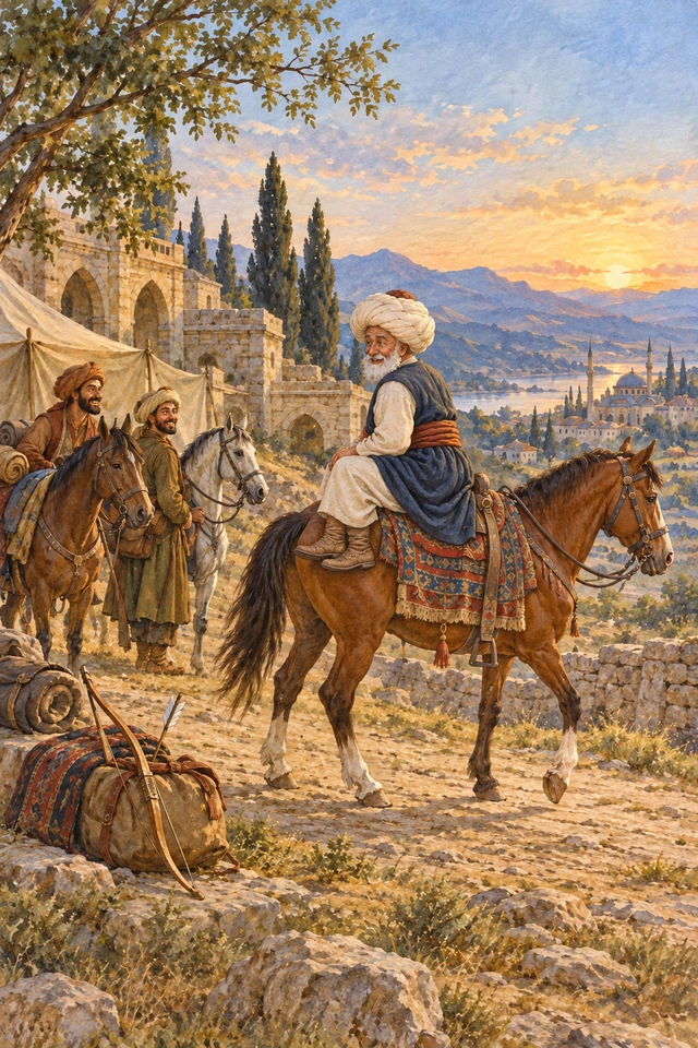 Nasrudín monta su caballo mirando hacia la cola mientras los viajeros se ríen.