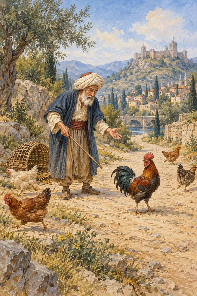 Nasrudín trata de arrear un gallo junto a la jaula abierta y las gallinas dispersas.