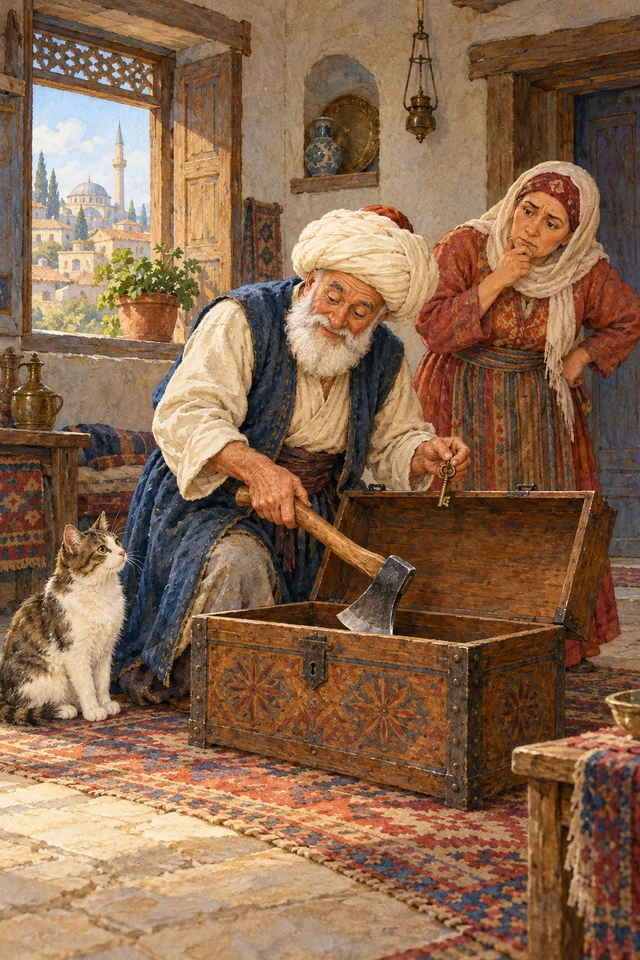 Nasrudín guarda el hacha en un baúl ante su esposa y el gato.